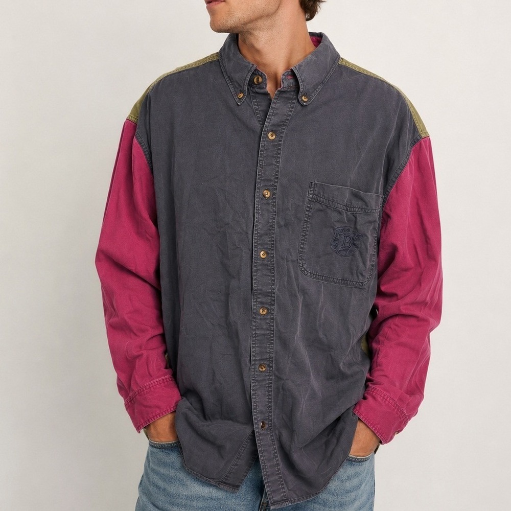 Bugle Boy Colorblock Button Down Shirt Large Vintage 90s Preppy Grunge Cotton